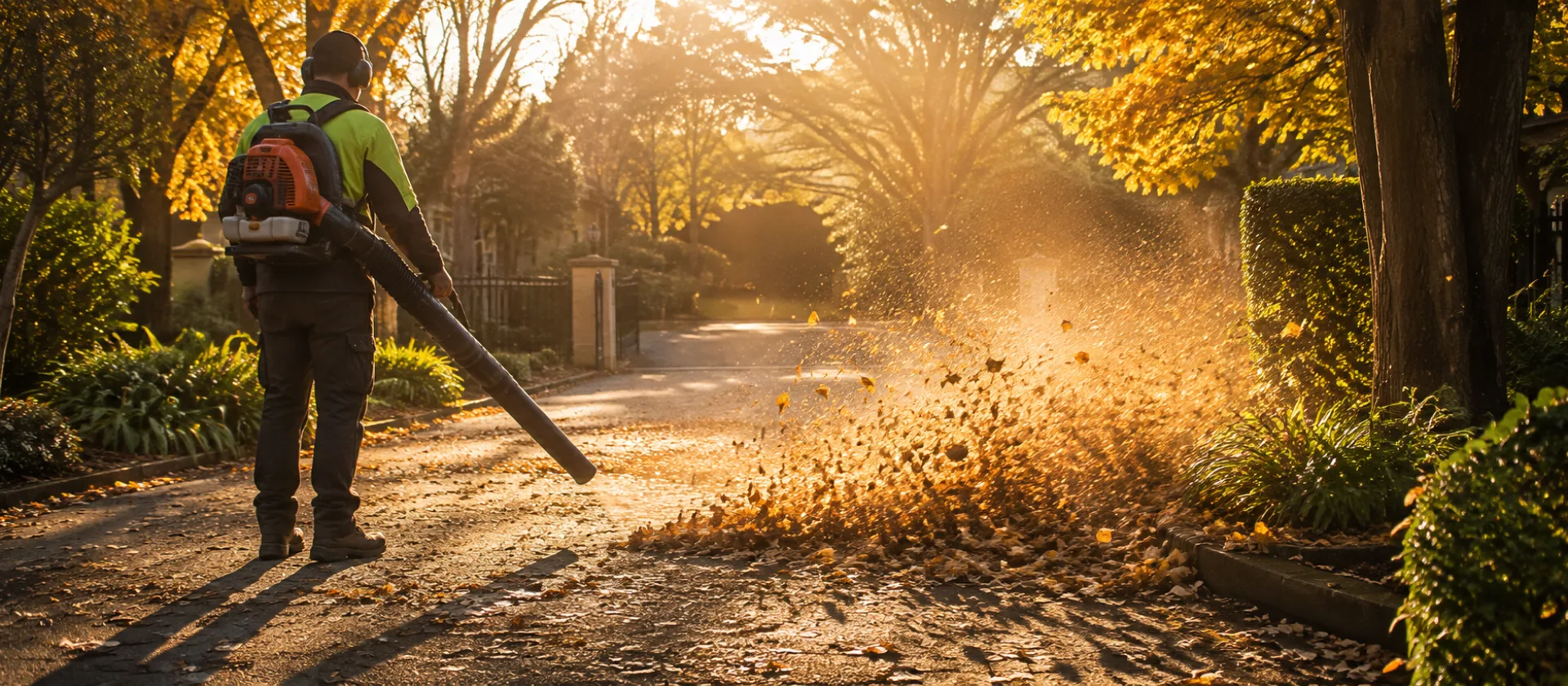 A worker using a backpack blower to sweep autumn leaves along a tree-lined driveway in low sun
