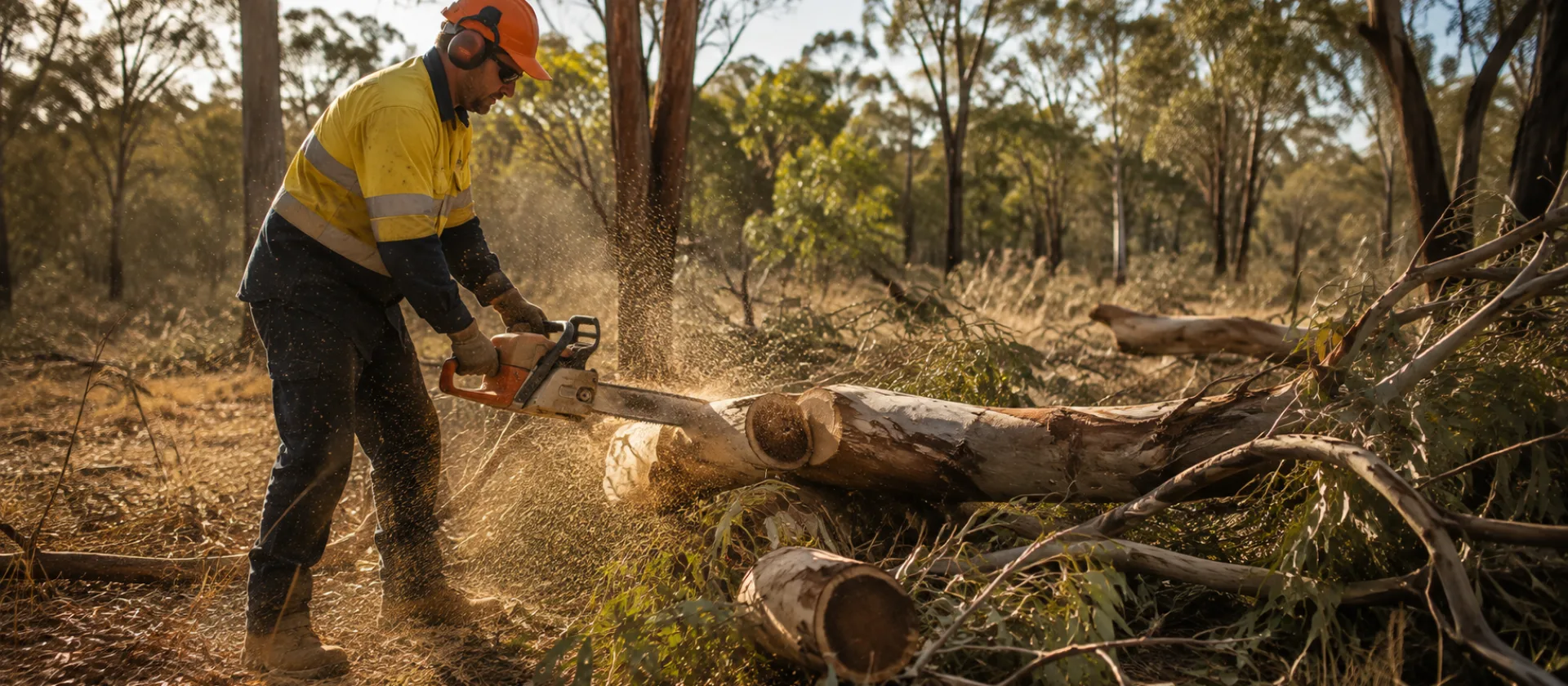 A worker in hi-vis and a helmet cutting through a fallen eucalyptus limb with a petrol chainsaw in Australian bushland