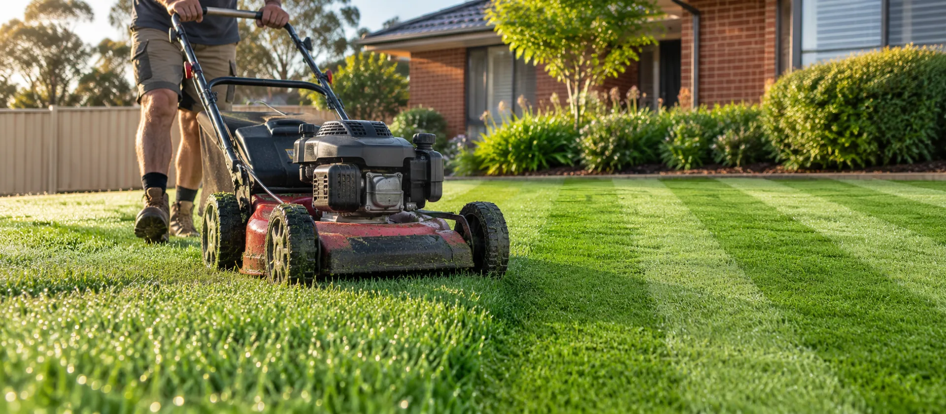 A self-propelled petrol mower cutting stripes into a green suburban front lawn in low morning sun