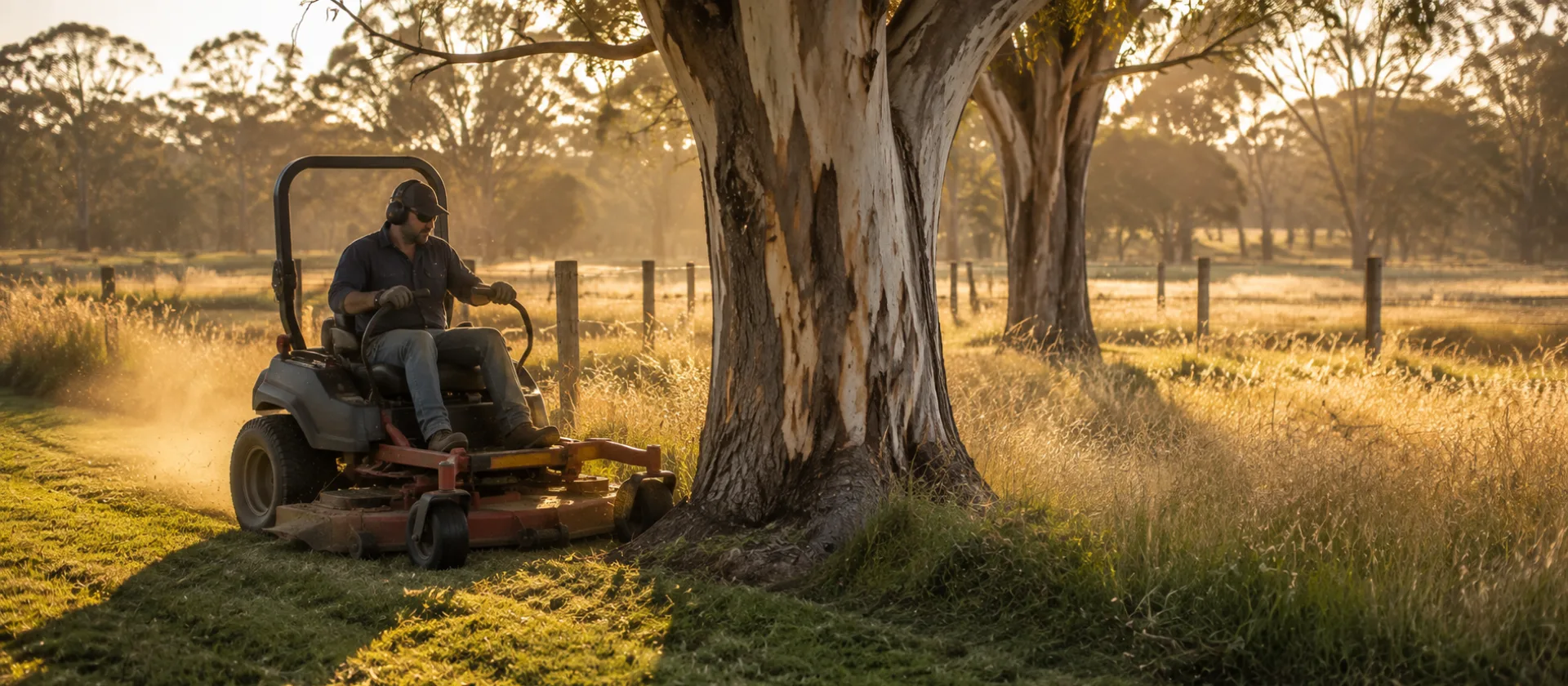 A zero-turn mower cutting long grass around the base of a large gum tree on rural acreage at golden hour