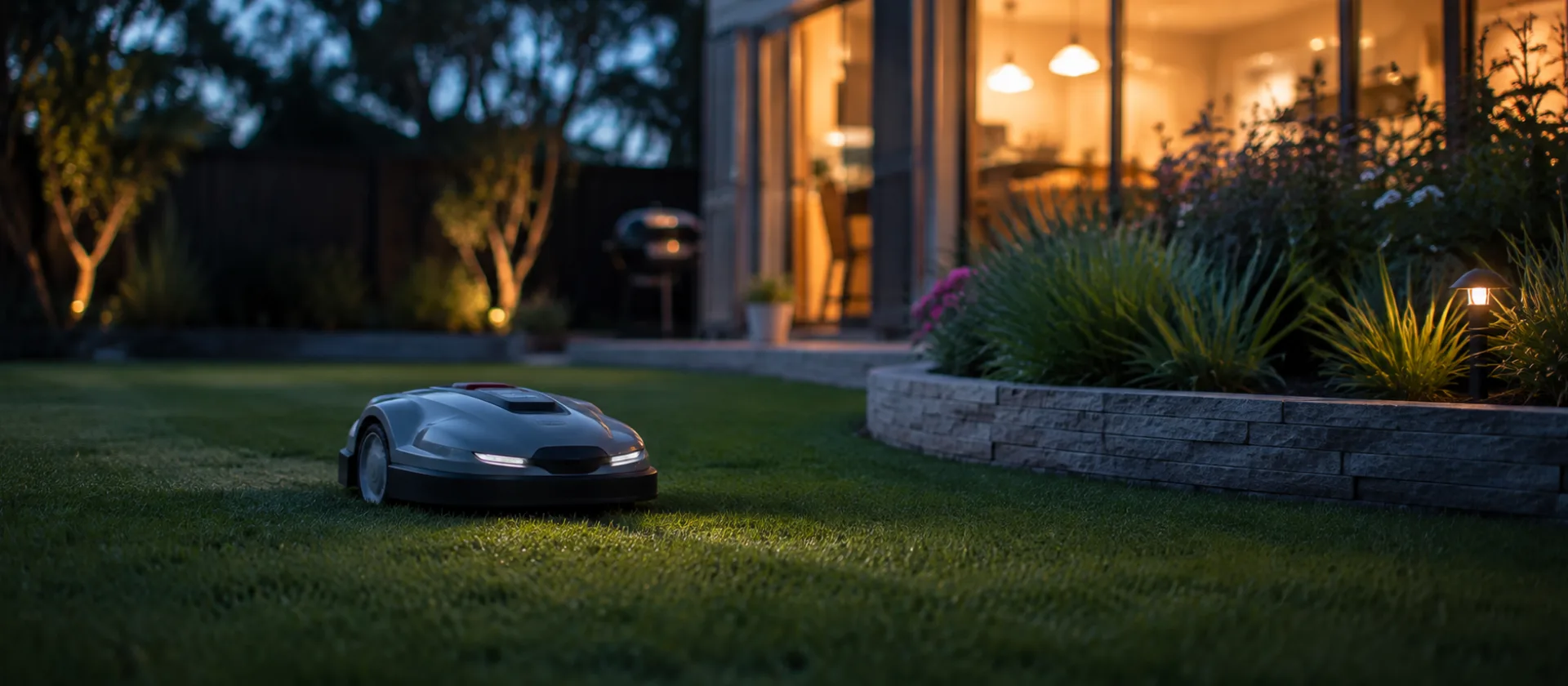 A robotic mower crossing a neatly cut back lawn at dusk, with the windows of the house lit up behind it