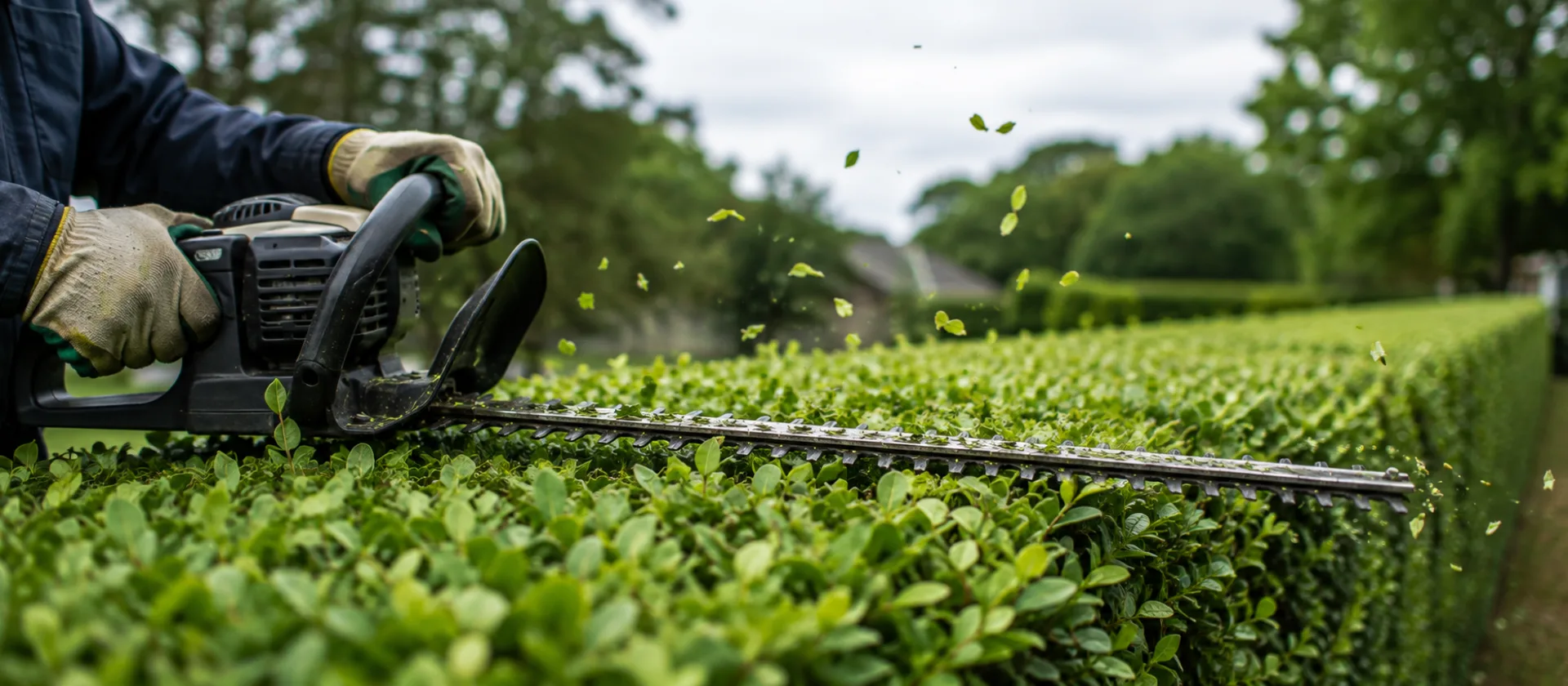 Gloved hands running a petrol hedge trimmer along the top of a dense green hedge, clippings flying
