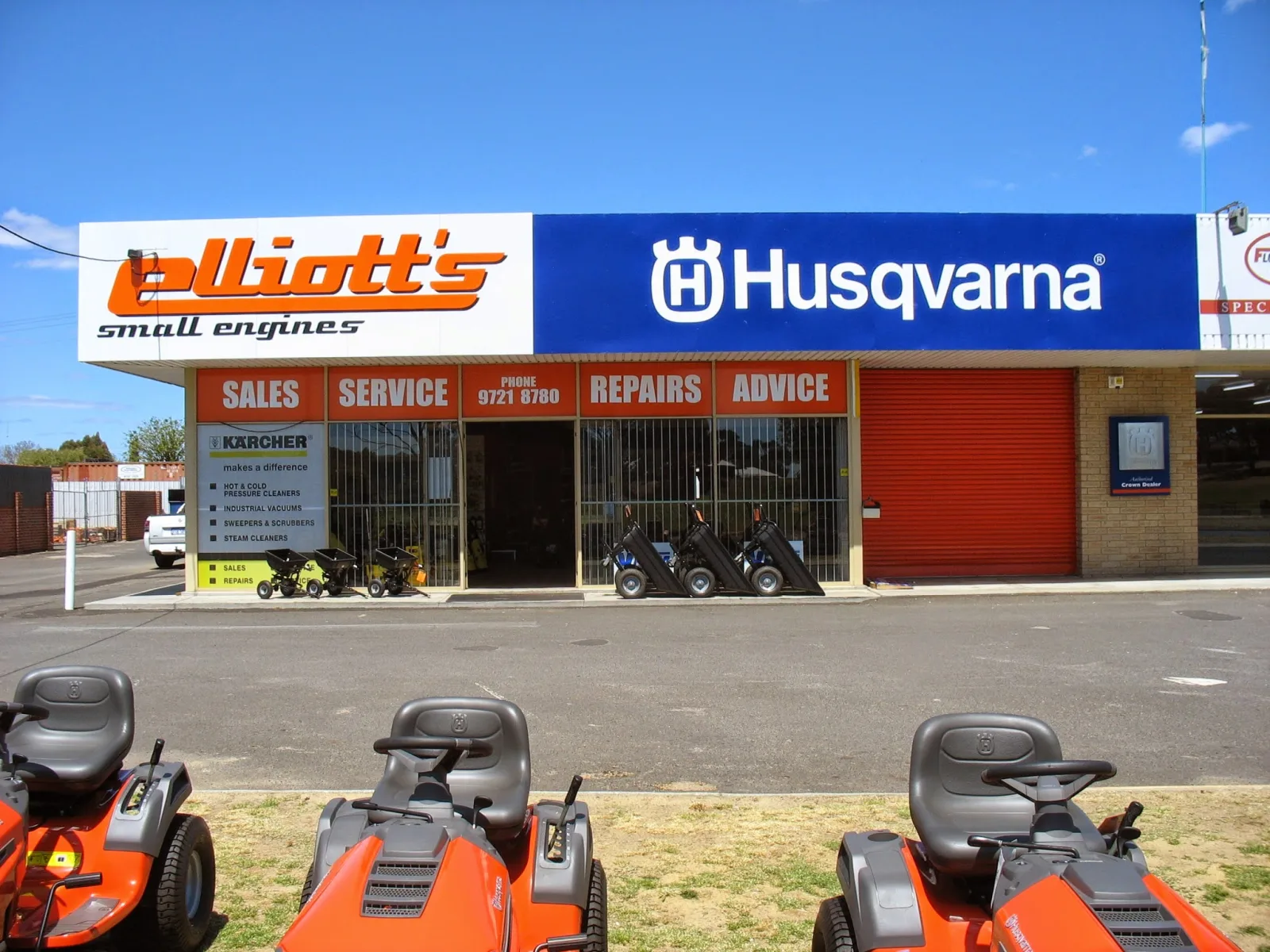 The Elliott's Bunbury shopfront on Picton Road, with ride-on mowers out the front