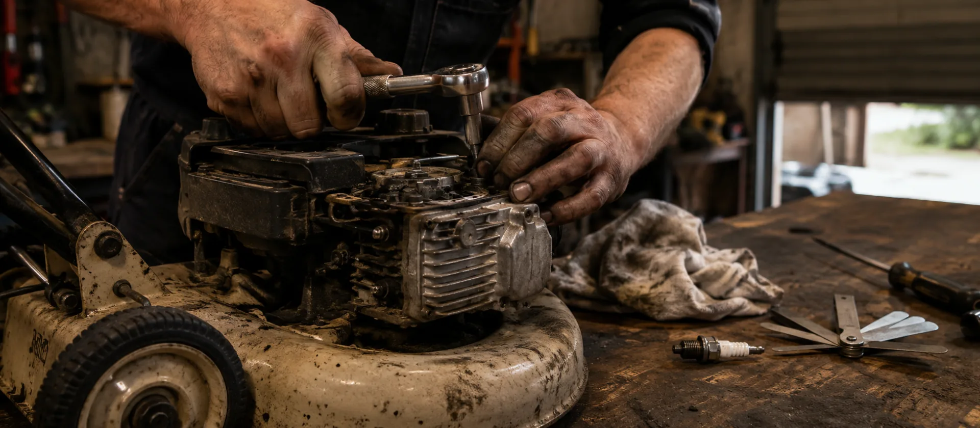 A mechanic's hands working on a lawn mower engine with a socket wrench on a workshop bench